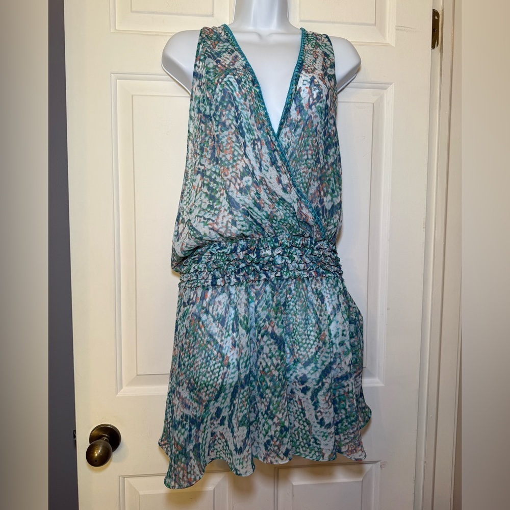 Ramy Brook Messina Coverup Dress LARGE V Neck Sheer Smocked Waist NWT Fairy $265